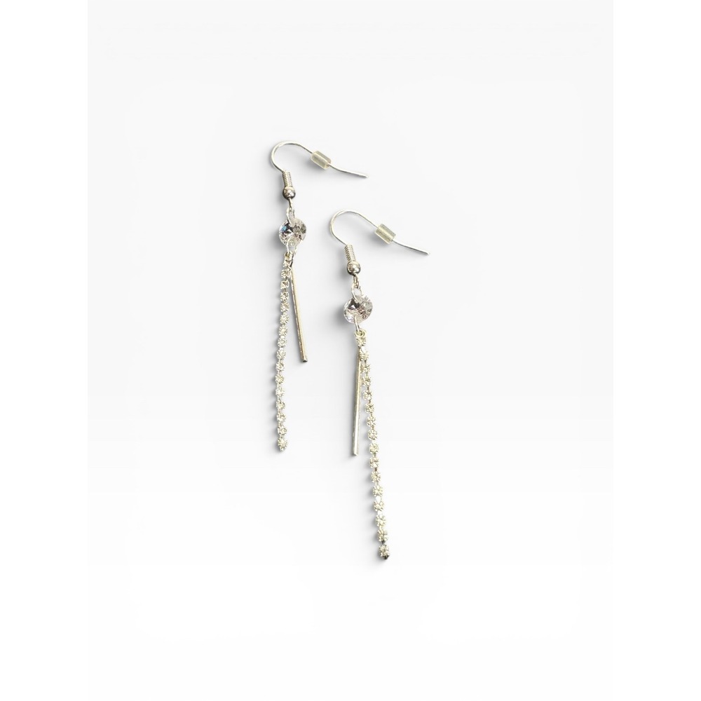 Y2K Dangle Earrings Silver Tone Clear Rhinestone Linear Drop